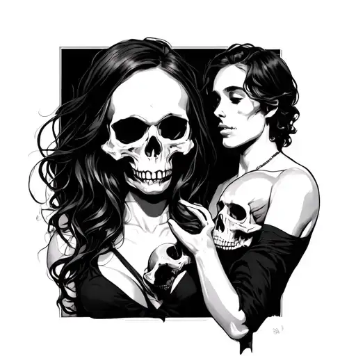 a woman with a skull instead of a face standing with a man's skull in her hand  tattoo design idea