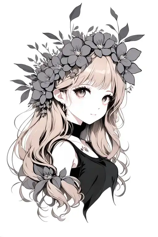An anime girl with long, wavy beige hair adorned with gray flowers that are delicately arranged on her head. tattoo design idea