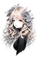 An anime girl with long, wavy beige hair adorned with gray flowers that are delicately arranged on her head. tattoo design idea