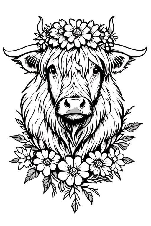shaggy highland cow with a flower crown and floral underneath  tattoo design idea