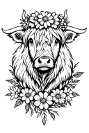 shaggy highland cow with a flower crown and floral underneath  tattoo design idea
