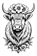 shaggy highland cow with a flower crown and floral underneath  tattoo design idea