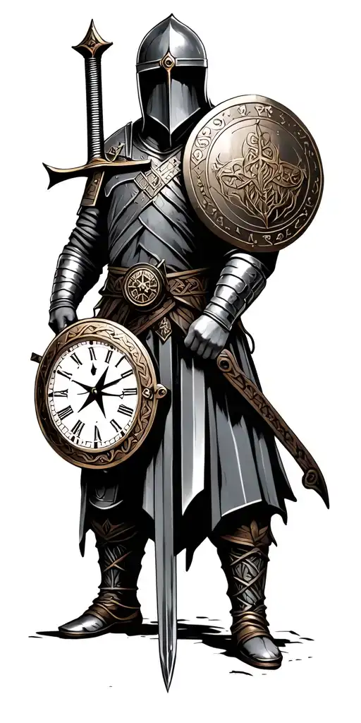 anglo saxon soldier with full face shield, clock, sword, compass, metal detector , medieval hammered coin, celtic stater tattoo design idea