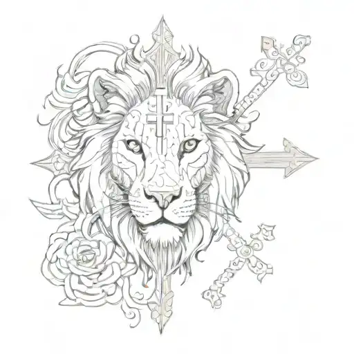 Cross with Lion eyes and scripture verses flowing tattoo design idea