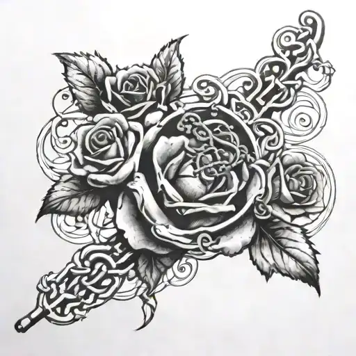 large rosary intertwined with vines of ivy leaves, with 2 smaller roses  tattoo design idea