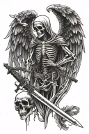 angel of death wings and skeleton with sword tattoo design idea