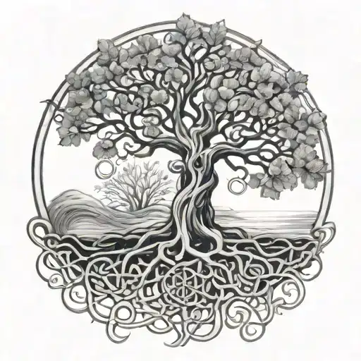 Celtic tree of life with roots, ocean , hear talk no Evil tattoo design idea