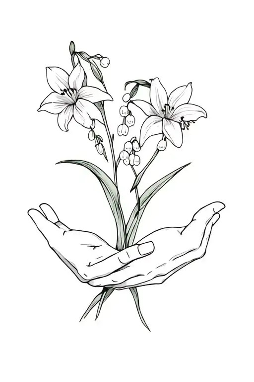 Open Hands holding 2 lily of the valley flowers and 1 narcissus flower tattoo design idea