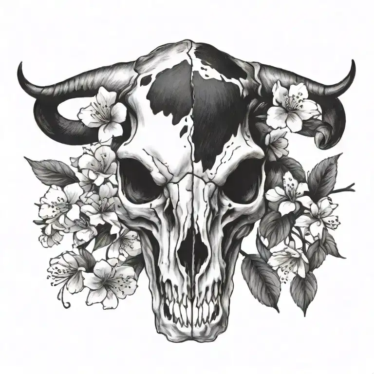 realistic longhorn skull with cherry blossoms no background  tattoo design idea