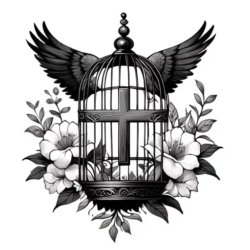 A birdcage with a cross in the middle as an opening surrounded by flowers  tattoo design idea