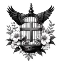 A birdcage with a cross in the middle as an opening surrounded by flowers  tattoo design idea
