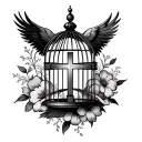 A birdcage with a cross in the middle as an opening surrounded by flowers  tattoo design idea