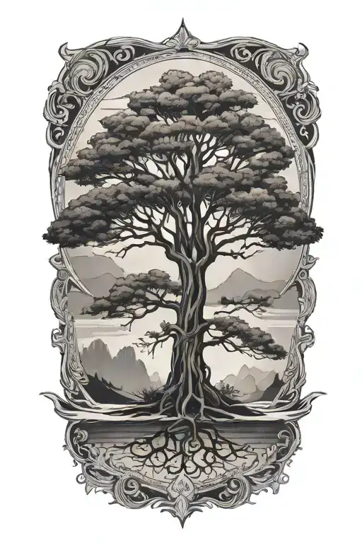 A serene landscape with a solitary tree standing tall, representing the beauty of solitude and self-reflection tattoo design idea