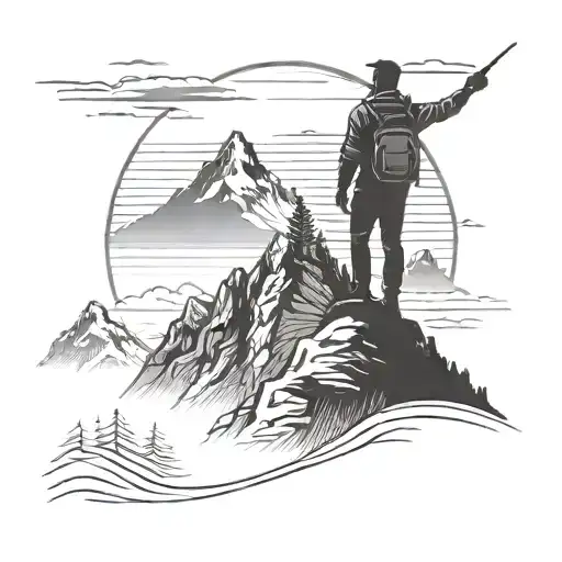 A silhouette of a business owner on a mountain peak, symbolizing success and ambition in the corporate world tattoo design idea