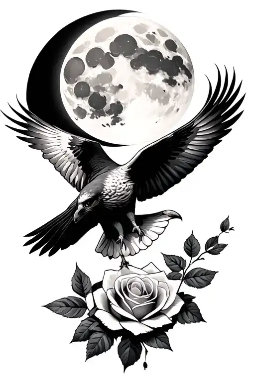 A moon with a hawk flying beneath it in the wind with a rose tattoo design idea