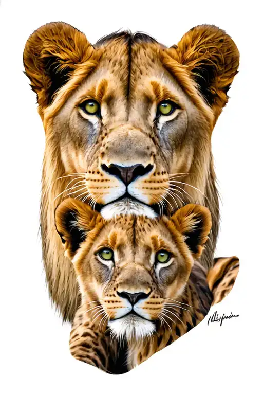 lioness with 1 girl lion cub with green eyes of which you’ll get tattoo design idea