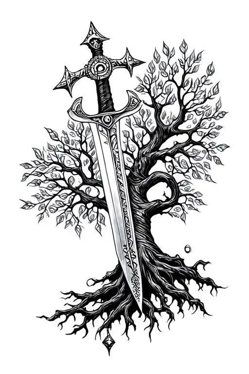 viking compass, sword, life tree tattoo design idea