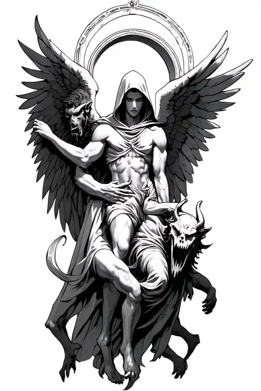 hooded arch angel defeating a demon tattoo design idea