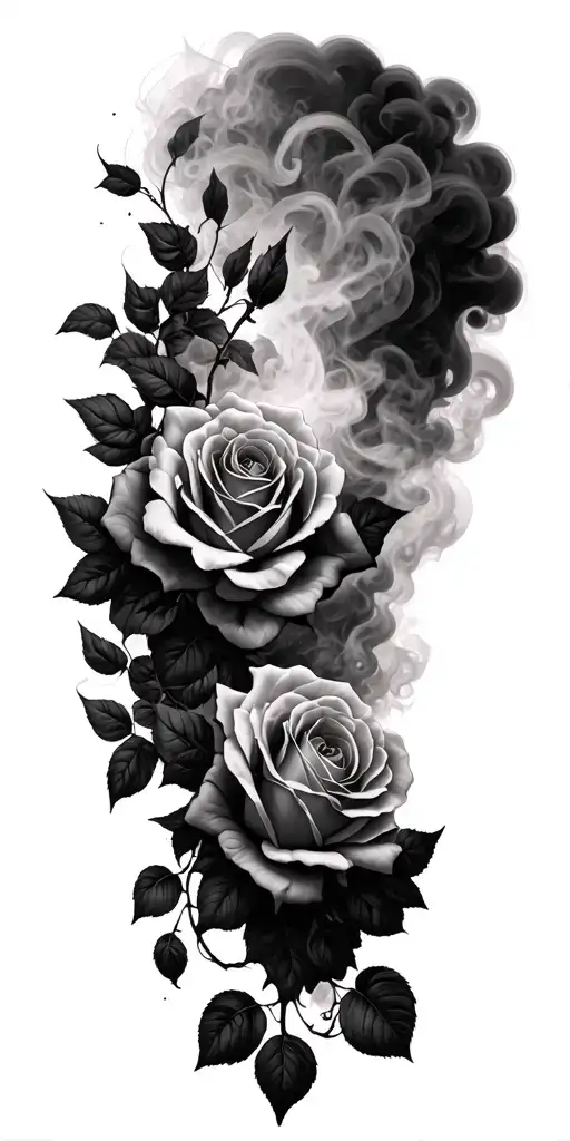 rose vine, supernatural anti possession, smoke rising background, sleeve tattoo design idea