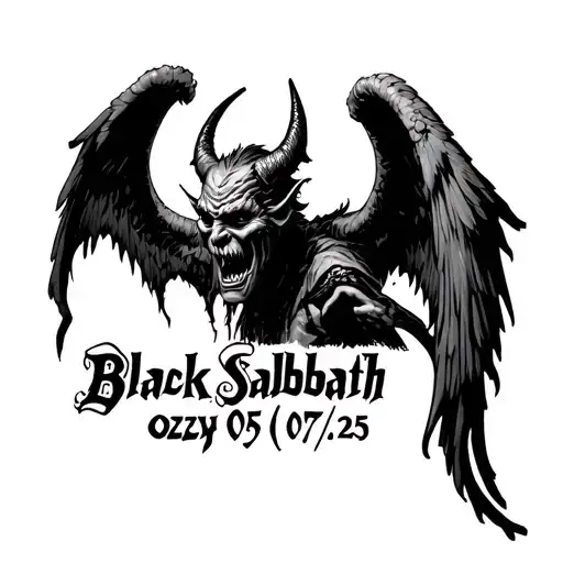 black sabbath winged demon with ozzy text and date 05/07/25 tattoo design idea