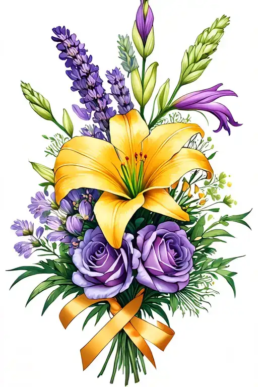 bouquet of Maseratu daylily, lavender rose, gladiolus and fennel tied together with a gold cancer ribbon tattoo design idea