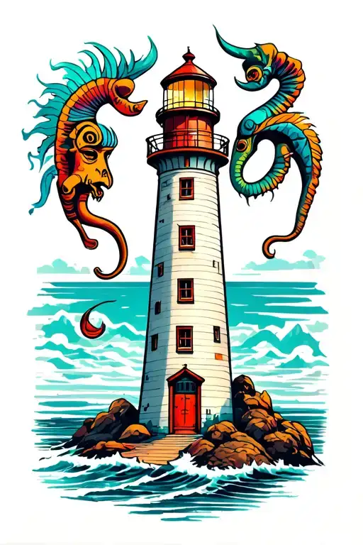 lighthouse with a kokopelli in the middle of the lighthouse tattoo design idea