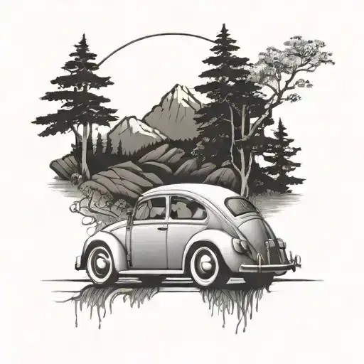 Volkswagen beetle in mountain road japan style tattoo tattoo design idea