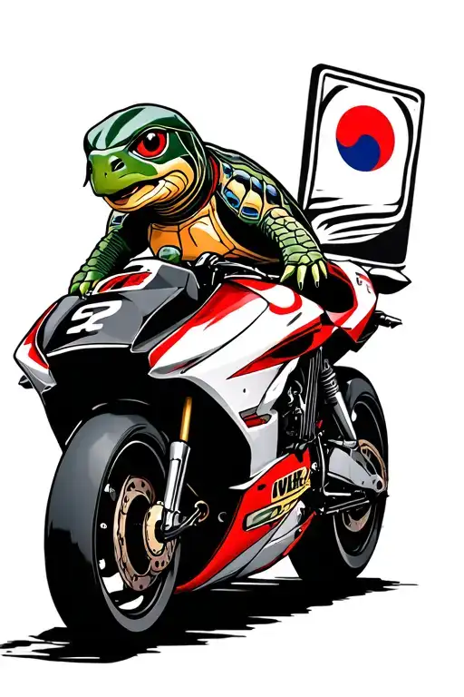 turtle on a racing motorcycle with the sign of Korea tattoo design idea
