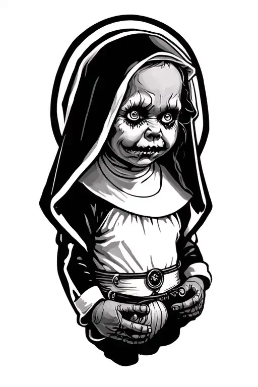 horror chucky and penjy wise amnabelke and the nun  tattoo design idea