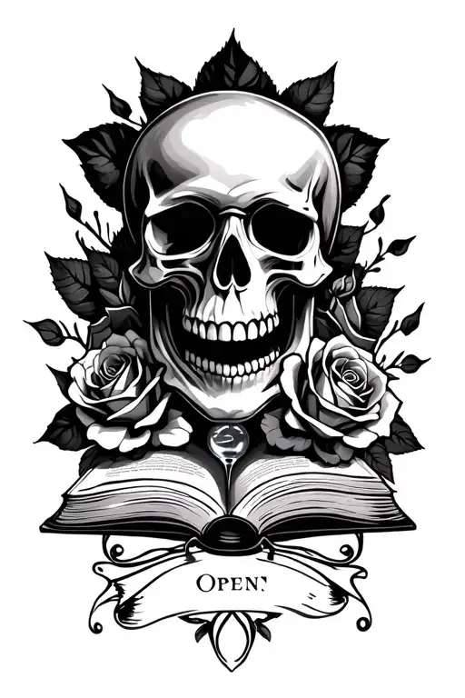 skull, roses, hour glass, open book open in front, banner tattoo design idea