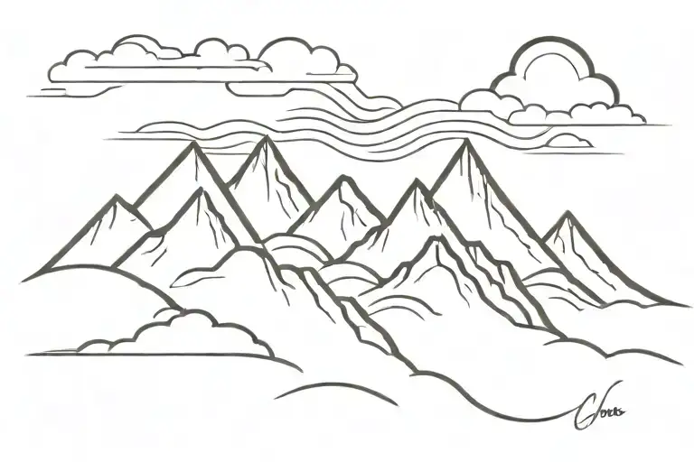 ocean wave merging into a mountain range merging into a fire trail merging into a line of clouds as a line tattoo design idea