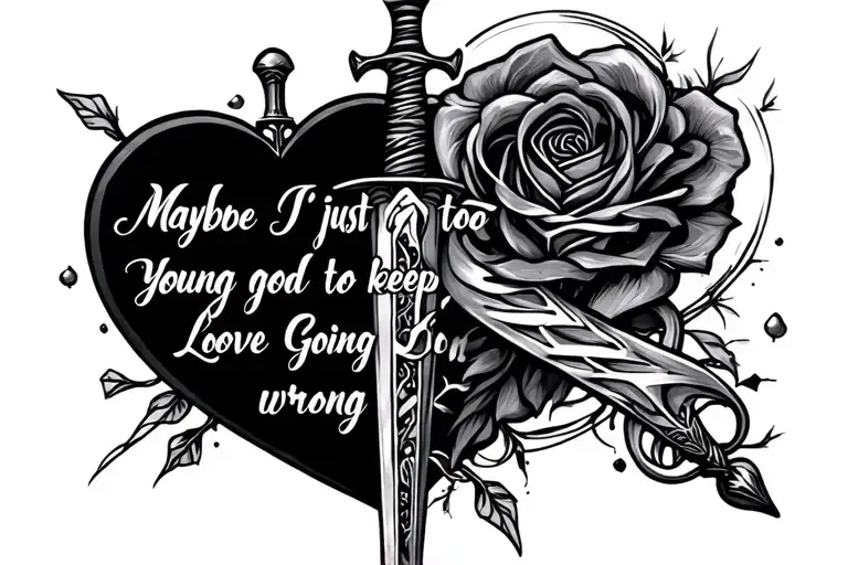quote "maybe I'm just too young to keep good love from going wrong" with a heart and dagger tattoo design idea