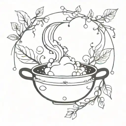 cauldron with bubbly liquid surrounded by botanical leaves and crystals  and sparkles tattoo design idea