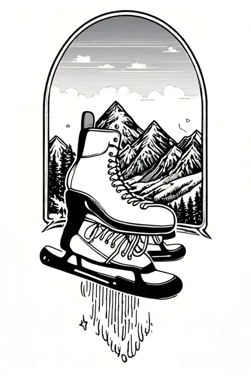 hockey skate hanging from stick with mountains tattoo design idea
