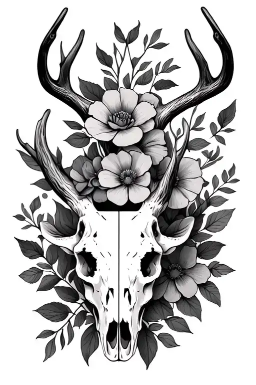 realism deer skull With slot of flowers  tattoo design idea
