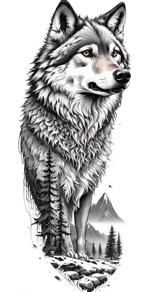 wolf and  mountains and trees tattoo design idea