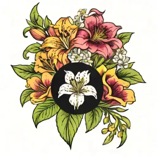 Peruvian Lily and flowers botanical tattoo design idea
