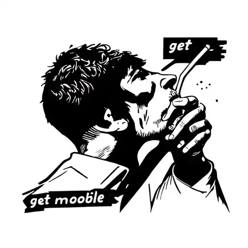 man blowing into a straw with the words "get mobile" coming out of the straw tattoo design idea