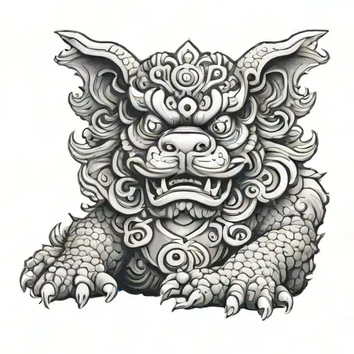 foo dog sitting tattoo design idea