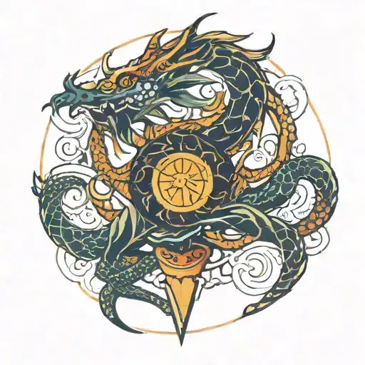 Gemini's Dragon With warrior protector & shining tattoo design idea