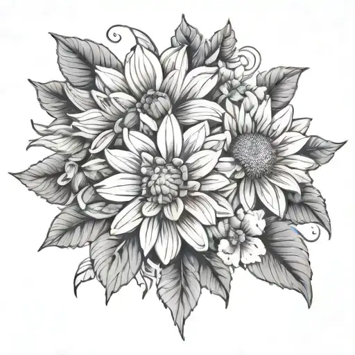 a dahlia, frangipani and gerbera intertwined tattoo design idea