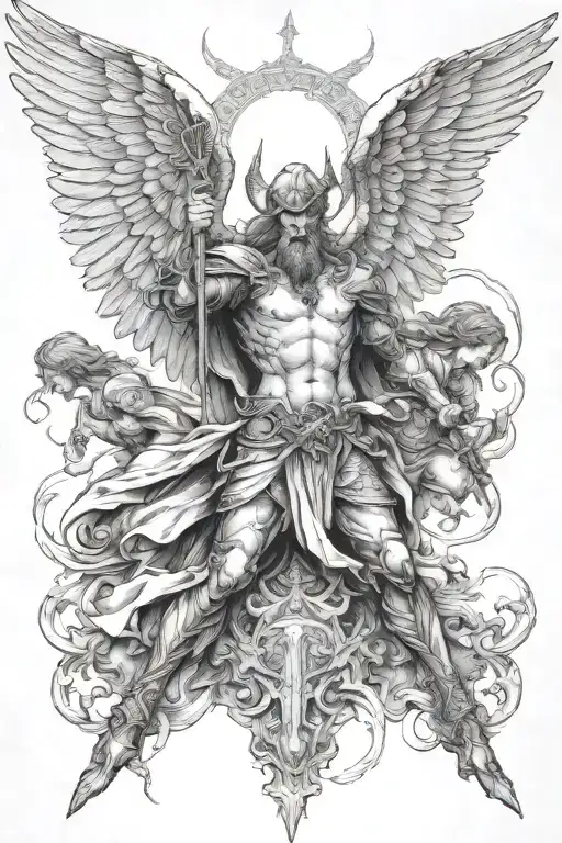 arc angel michael slaying demons, is coming down from heaven, has a pair of praying angels on the side of him  tattoo design idea