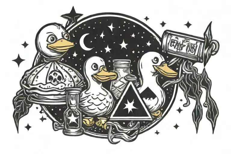 rubber duck + bottle of schnaaps and  bertie beetle logo and Zeus lightning bolt and ace of spades and muffin in space tattoo design idea