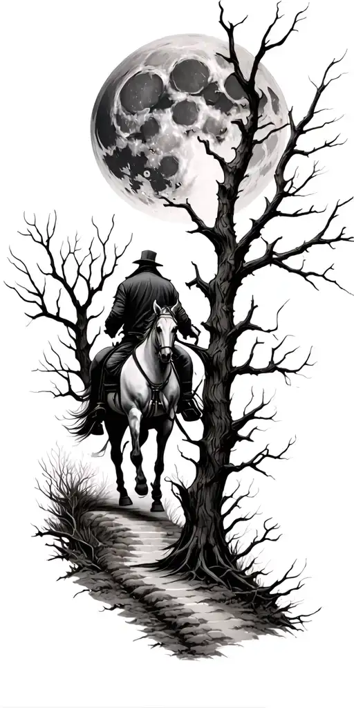 the headless horseman riding down a haunted forest path with dead trees, a large full moon on the shoulder  tattoo design idea