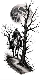 the headless horseman riding down a haunted forest path with dead trees, a large full moon on the shoulder  tattoo design idea