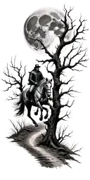 the headless horseman riding down a haunted forest path with dead trees, a large full moon on the shoulder  tattoo design idea