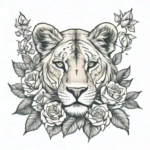 realistic lioness surrounded by large roses and leaves, wearing jewelry, looking forward tattoo design idea