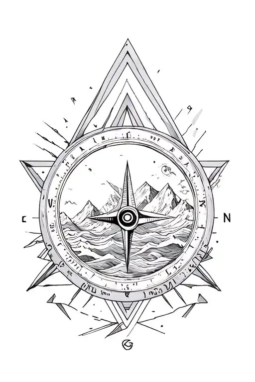 large compass surrounded by intricate geometric mountains and crashing waves, black and white, add triangle frame tattoo design idea