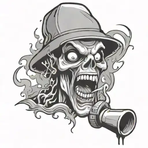 stoned scream character from scary movie film in smoke calling on the phone and graffiti style 3 letters JZM tattoo design idea