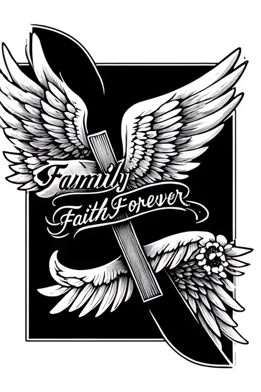 "Family Faith Forever" Cross with Wings wrapped loosely tattoo design idea
